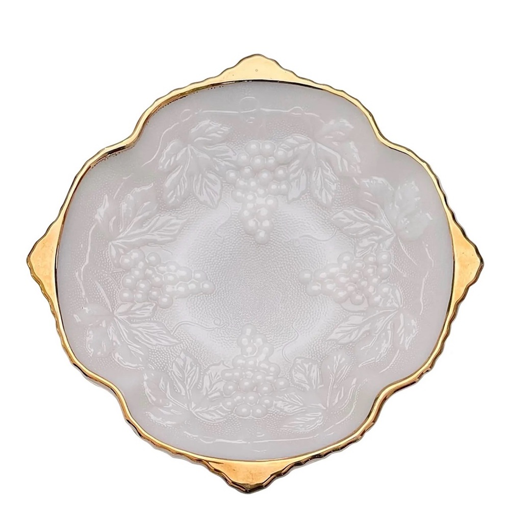 1950s Anchor Hocking Vineyard Milk Glass Footed Dish with gold trim